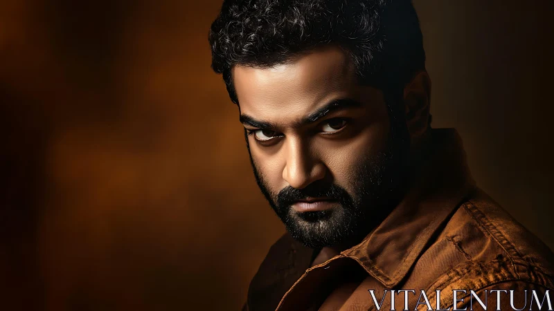 Male subject portrait in warm-toned studio lighting setup.