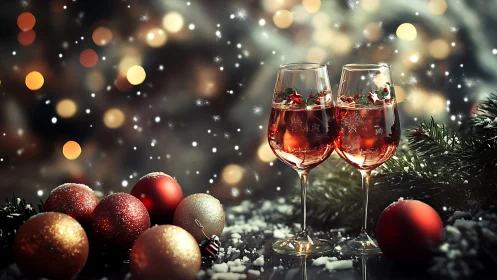 Holiday cocktails with ornaments in shallow-focus bokeh lighting