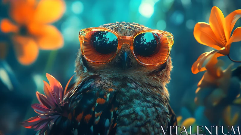 Stylish Owl Wearing Sunglasses in Vibrant Floral Setting.
