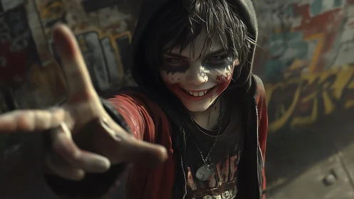 Rebel street kid smiles boldly with smeared face paint