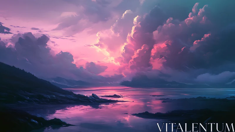 Iridescent storm clouds erupt over a reflective twilight shoreline