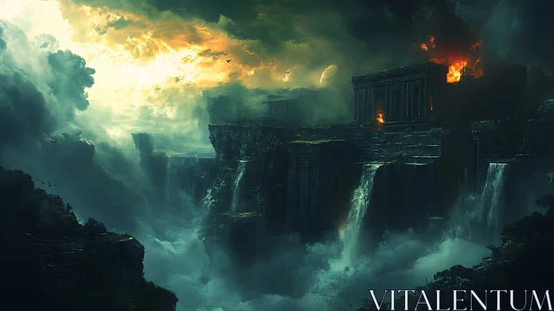 Ancient cliff citadel collapsing under fire, storms, and waterfalls