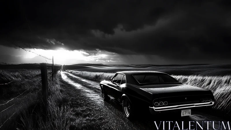 Black classic coupe stands on wet rural road under storm clouds