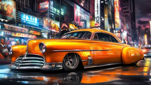 Custom orange lowrider glides through neon city street
