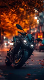 Sport motorcycle glows under autumn city streetlights.