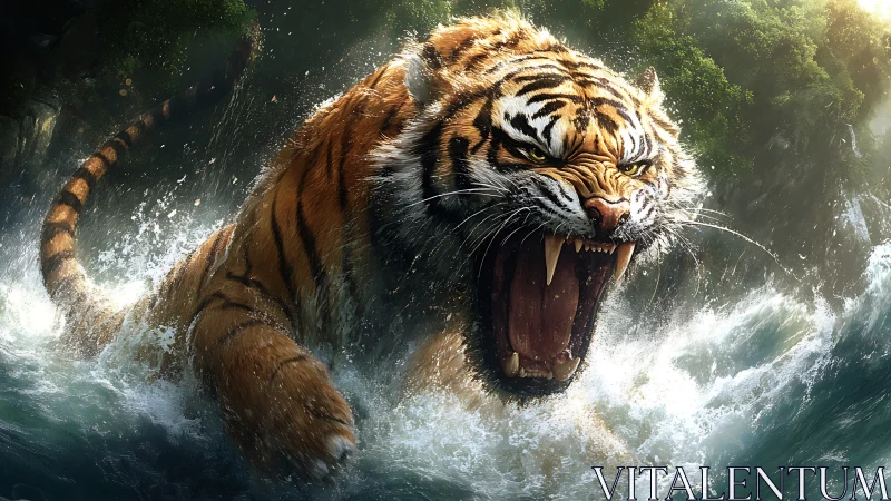 Roaring jungle tiger bursting through wild river spray.