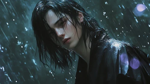 Solitary youth stands in cold rain, wrapped in quiet sorrow