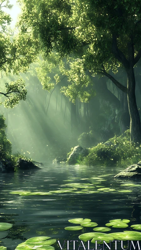 Misty Forest Stream Where Sunlight Dances Through Ancient Canopy