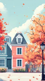 Autumn rowhouse daydream under a sky of drifting leaves.
