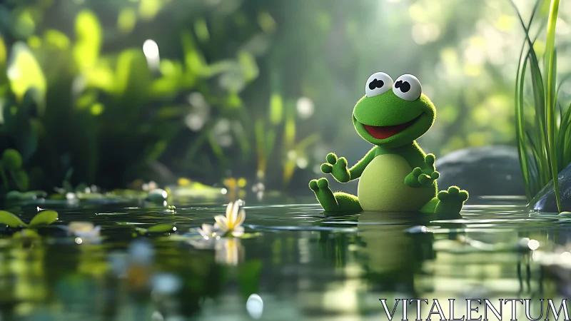 Cheerful pond frog practices joyful stillness in soft sunlight