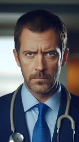 Clinician portrait with stethoscope and analytic gaze in focus.