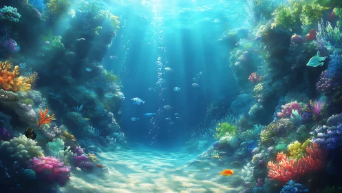 Digital painting of sunlit coral canyon with tropical marine life.