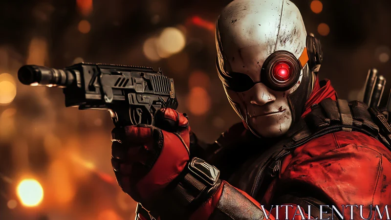 Armored marksman aims pistol amid bokeh lit urban chaos