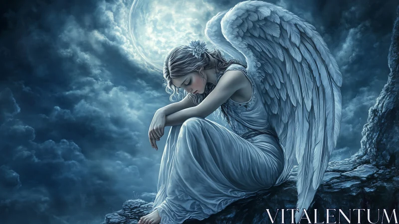 Moonlit sorrowful angel resting on rocky precipice at night.