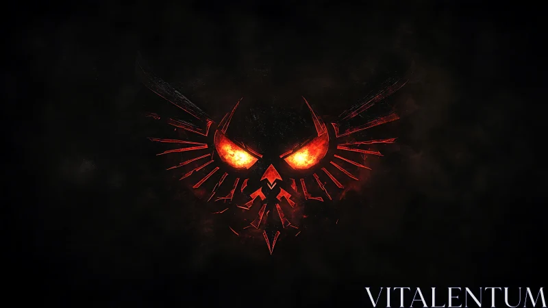 Red stylized skull emblem with glowing eyes on dark field.