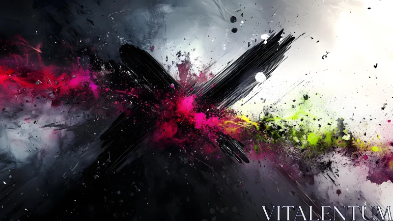 Bold abstract X with vibrant paint splashes in modern digital style.