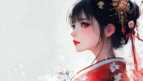 Profile study of kimono-clad heroine in digital chroma bloom.