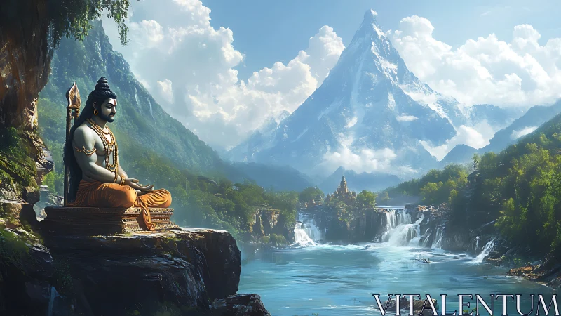 Seated deity sculpture above river, waterfalls and mountain.