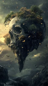 Floating skull island cradling a quiet, untamed forest.