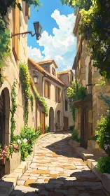 Sunlit stone alley curves through a quiet Mediterranean village.