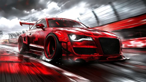 Red race car storms wet track in dramatic speed scene.