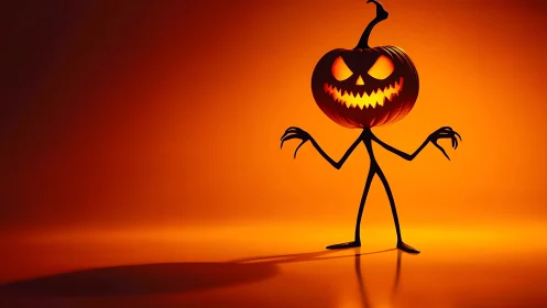 Anthropomorphic jack o lantern silhouette under volumetric glow.