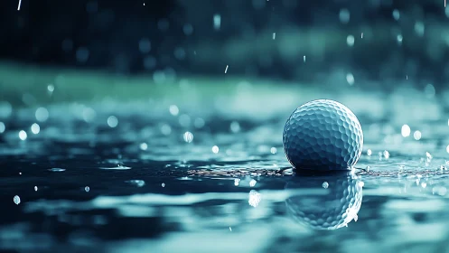 Golf ball on wet green under heavy rain at twilight.