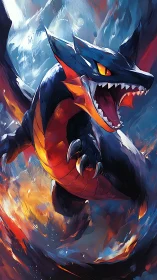 Volcanic dragon lunging through chromatic inferno vortex.