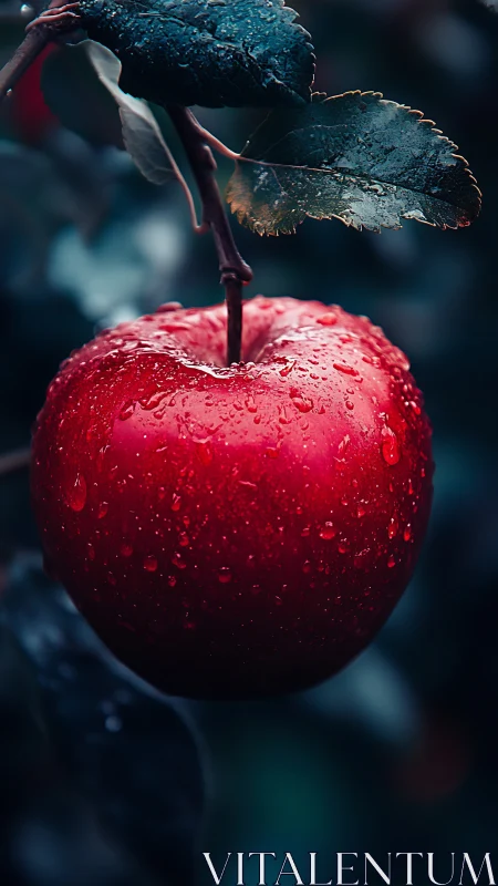 Rain-kissed red apple glows softly against deep garden greens