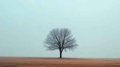 Solitary Bare Tree in Foggy Field, Minimalist Photography Style.