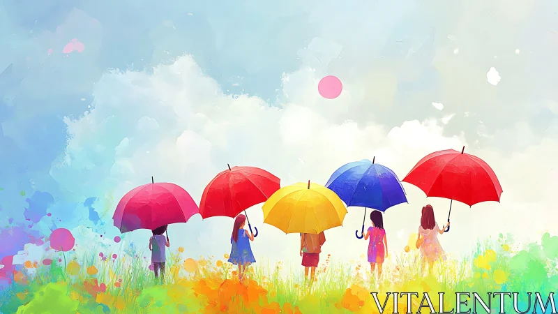 Children with Colorful Umbrellas in Watercolor Meadow Scene.