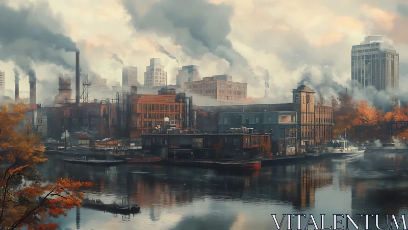 Digital painting of smog-laden riverside industrial district.