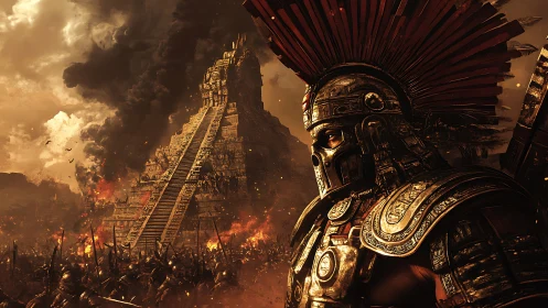 Warrior in golden armor guarding a burning ancient temple.