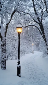 Snow covered park path is illuminated by streetlamps