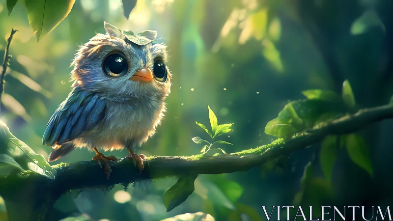 Adorable Big-Eyed Owl Chick in Enchanted Forest, Fantasy Art.