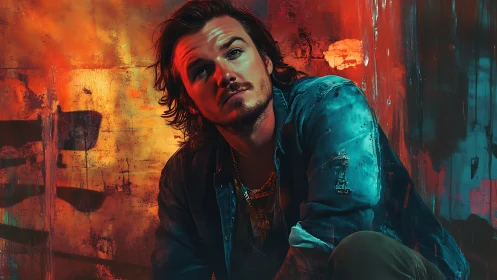 Moody portrait of man against vivid abstract graffiti wall.