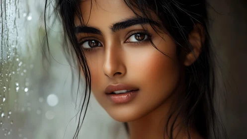 Intense portrait of woman by rain streaked window pane.