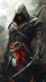 Hooded rogue in weathered leathers with drawn curved blade.