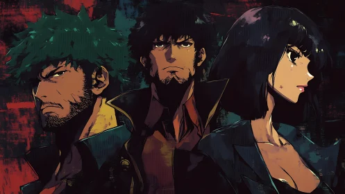 Neo-noir anime trio in textured painterly lighting portrait.