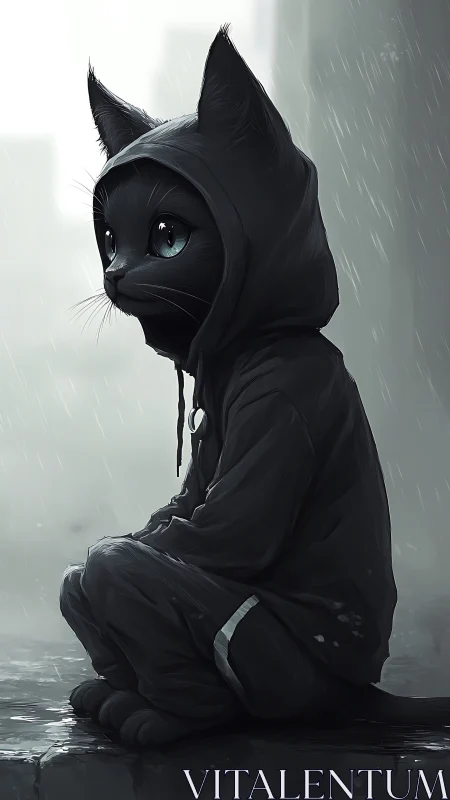 Anthropomorphic black cat in hooded outfit on wet pavement.