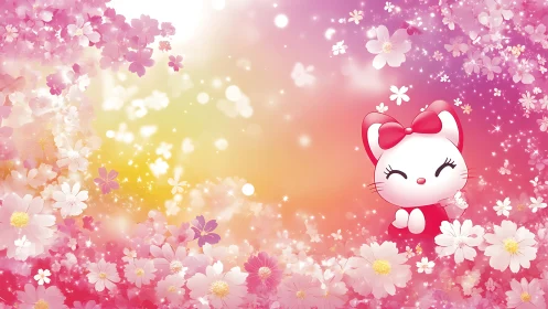 Blushing kitten drifts in sparkling pink flower confetti.