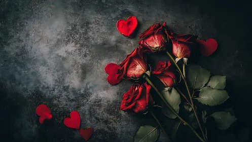 Red roses on textured stone surface with scattered petal hearts.