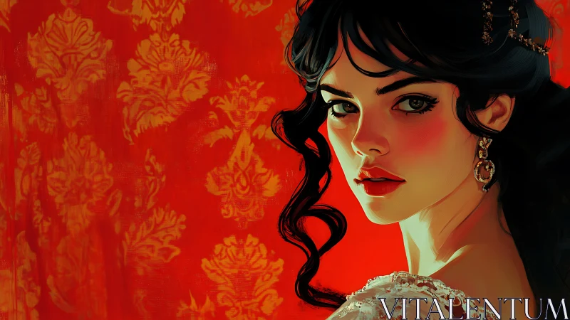 Elegant dark-haired woman posed before ornate red damask