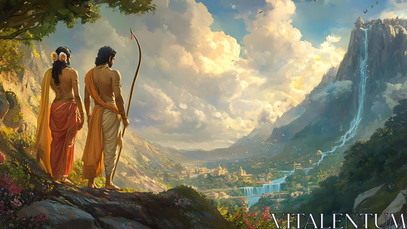 Epic mythic travelers overlooking luminous river kingdom.