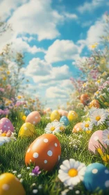 Polka dot eggs daydream across a wildflower spring meadow