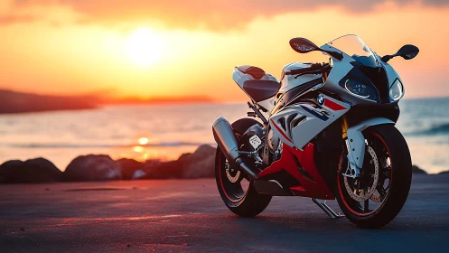 Sport motorcycle stands on coastal road at bright sunset