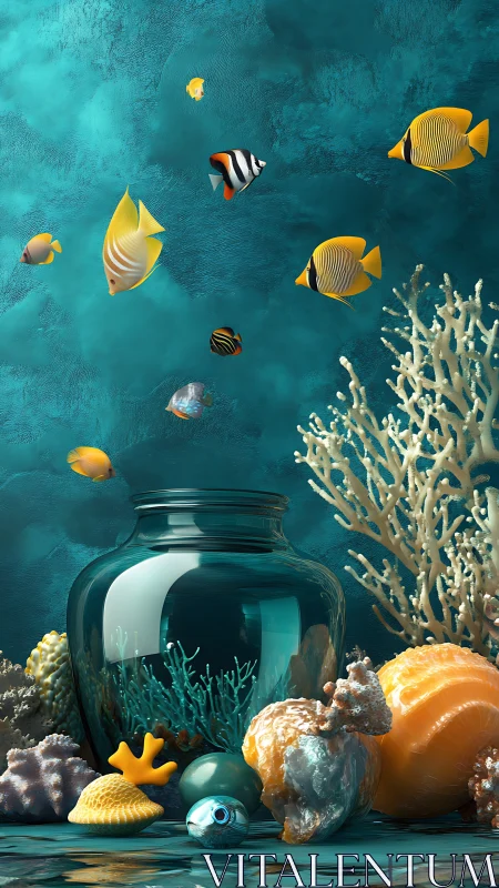 Glass vessel amid coral still life with suspended reef fish.