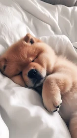 Sleepy chow chow puppy naps softly on white bed linens