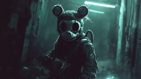 Post-apocalyptic figure in mouse gas mask standing alone.