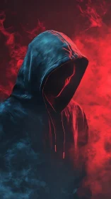 Hooded cyber figure emerges from neon smoke and shadow